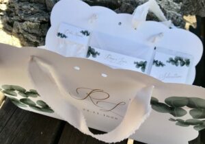 wedding bag con ventaglio, bustina riso, fazzolettini e mentine per le invitati decoro EUCALIPTO