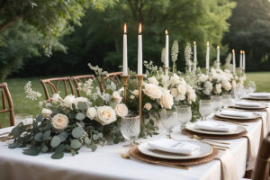 Tavolo imperiale con tovaglia bianca e decorazione con rami di eucalipto e rose bianche