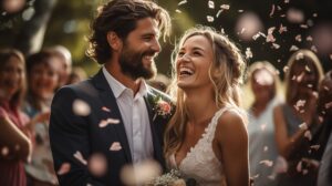 invitati che gettano una pioggia di petali sugli sposi felici