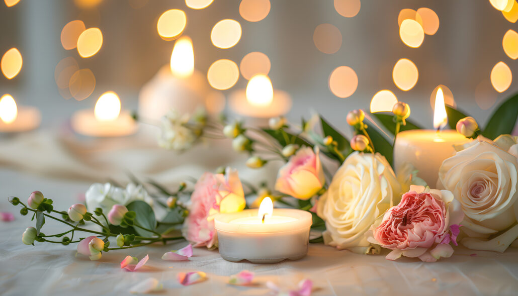 Romantiche candele sui tavoli del banchetto di nozze
